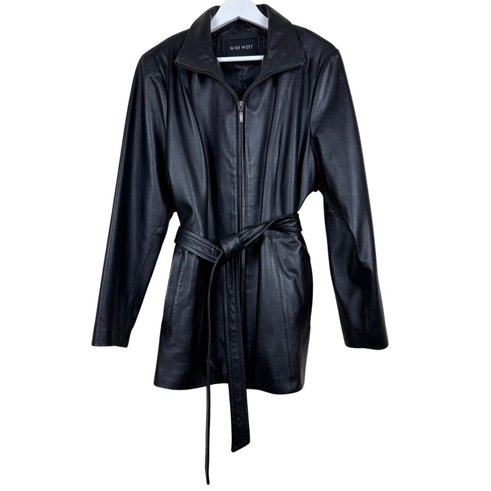Vintage 90s Y2K Nine West Black Leather Trench Style Jacket Women's L XL